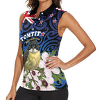 Tomtit New Zealand Personalised Women Sleeveless Polo Shirt Miromiro Manuka Flower Maori Pattern