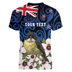 Tomtit New Zealand Personalised Women V-Neck T-Shirt Miromiro Manuka Flower Maori Pattern