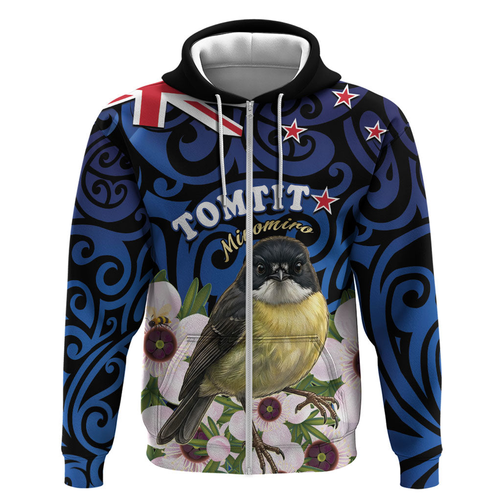Tomtit New Zealand Personalised Zip Hoodie Miromiro Manuka Flower Maori Pattern
