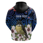 Tomtit New Zealand Personalised Zip Hoodie Miromiro Manuka Flower Maori Pattern