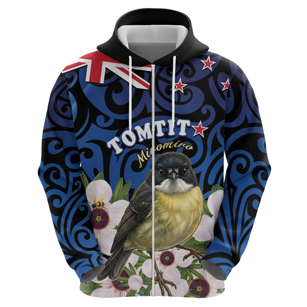 Tomtit New Zealand Personalised Zip Hoodie Miromiro Manuka Flower Maori Pattern