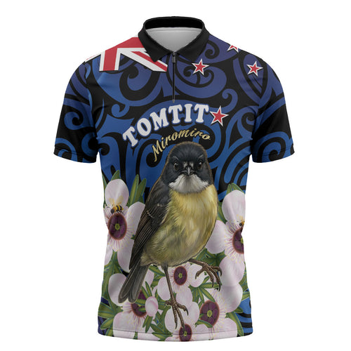 Tomtit New Zealand Personalised Zipper Polo Shirt Miromiro Manuka Flower Maori Pattern