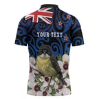 Tomtit New Zealand Personalised Zipper Polo Shirt Miromiro Manuka Flower Maori Pattern