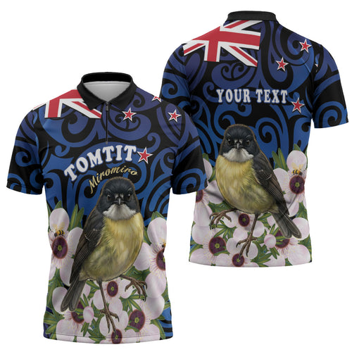 Tomtit New Zealand Personalised Zipper Polo Shirt Miromiro Manuka Flower Maori Pattern