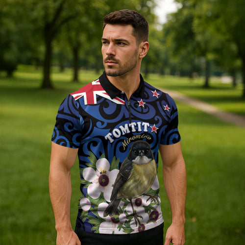 Tomtit New Zealand Personalised Zipper Polo Shirt Miromiro Manuka Flower Maori Pattern
