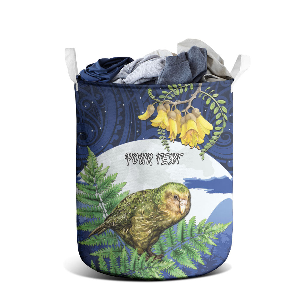 Kakapo New Zealand Personalised Laundry Basket Kowhai Flower Silver Fern Maori Pattern