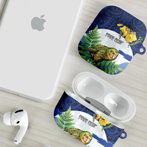 Kakapo New Zealand Personalised AirPods Case Kowhai Flower Silver Fern Maori Pattern