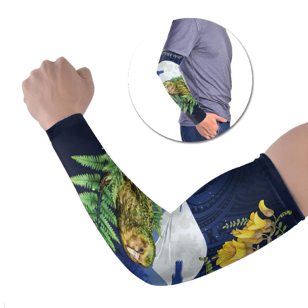 Kakapo New Zealand Personalised Arm Sleeves Kowhai Flower Silver Fern Maori Pattern