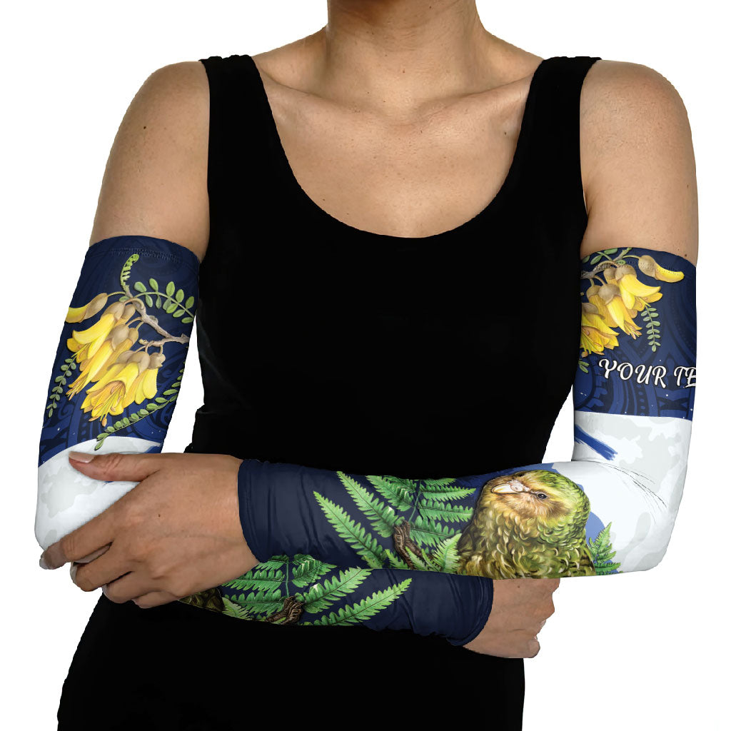 Kakapo New Zealand Personalised Arm Sleeves Kowhai Flower Silver Fern Maori Pattern