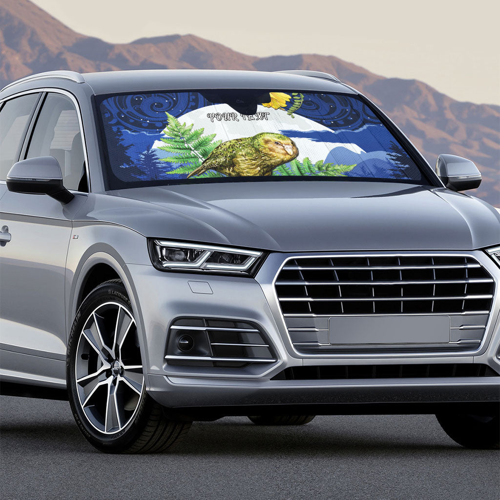 Kakapo New Zealand Personalised Auto Sun Shade Kowhai Flower Silver Fern Maori Pattern