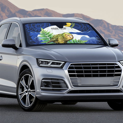 Kakapo New Zealand Personalised Auto Sun Shade Kowhai Flower Silver Fern Maori Pattern