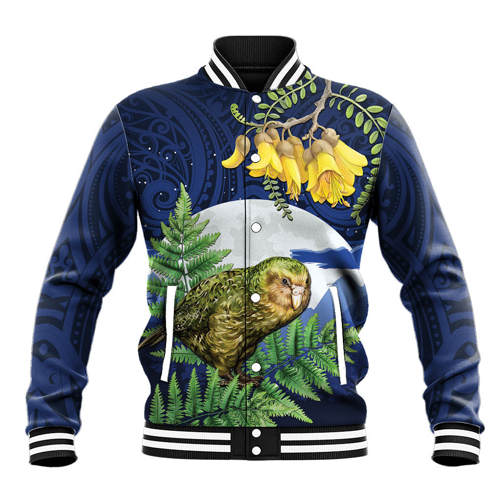 Kakapo New Zealand Personalised Baseball Jacket Kowhai Flower Silver Fern Maori Pattern