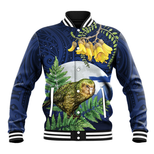 Kakapo New Zealand Personalised Baseball Jacket Kowhai Flower Silver Fern Maori Pattern