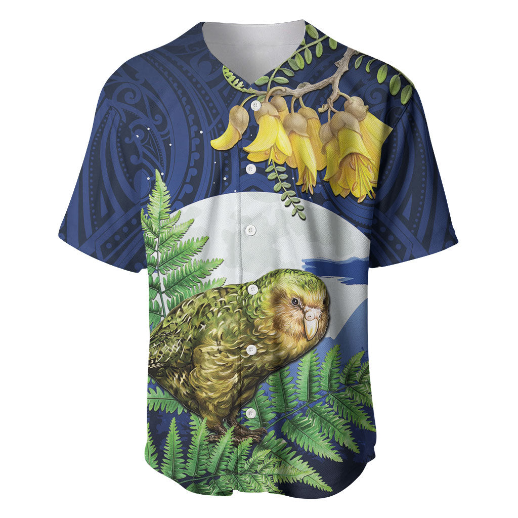 Kakapo New Zealand Personalised Baseball Jersey Kowhai Flower Silver Fern Maori Pattern