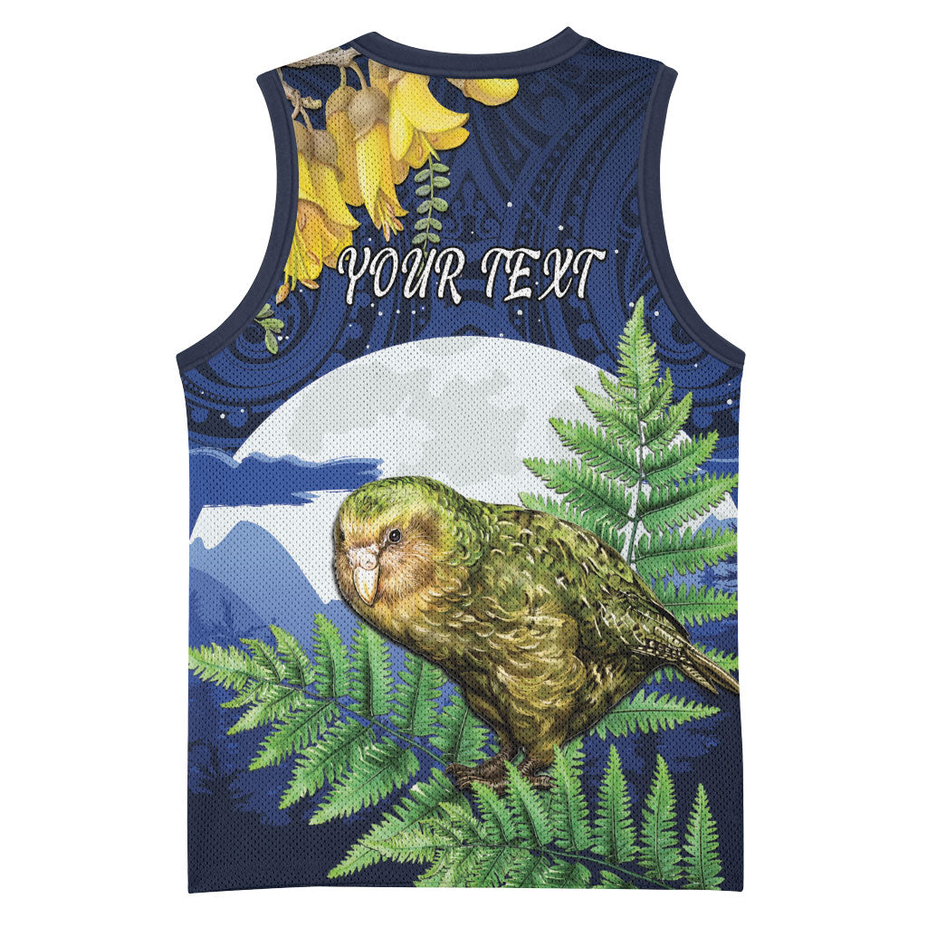 Kakapo New Zealand Personalised Basketball Jersey Kowhai Flower Silver Fern Maori Pattern