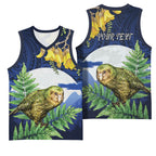 Kakapo New Zealand Personalised Basketball Jersey Kowhai Flower Silver Fern Maori Pattern
