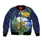 Kakapo New Zealand Personalised Bomber Jacket Kowhai Flower Silver Fern Maori Pattern