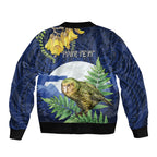 Kakapo New Zealand Personalised Bomber Jacket Kowhai Flower Silver Fern Maori Pattern