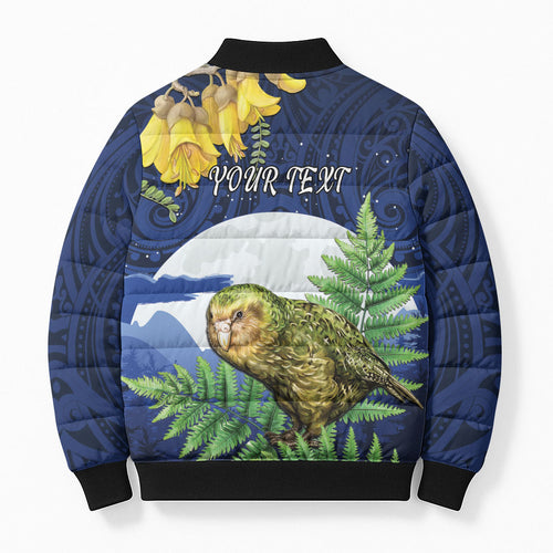 Kakapo New Zealand Personalised Bomber Puffer Jacket Kowhai Flower Silver Fern Maori Pattern
