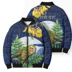 Kakapo New Zealand Personalised Bomber Puffer Jacket Kowhai Flower Silver Fern Maori Pattern
