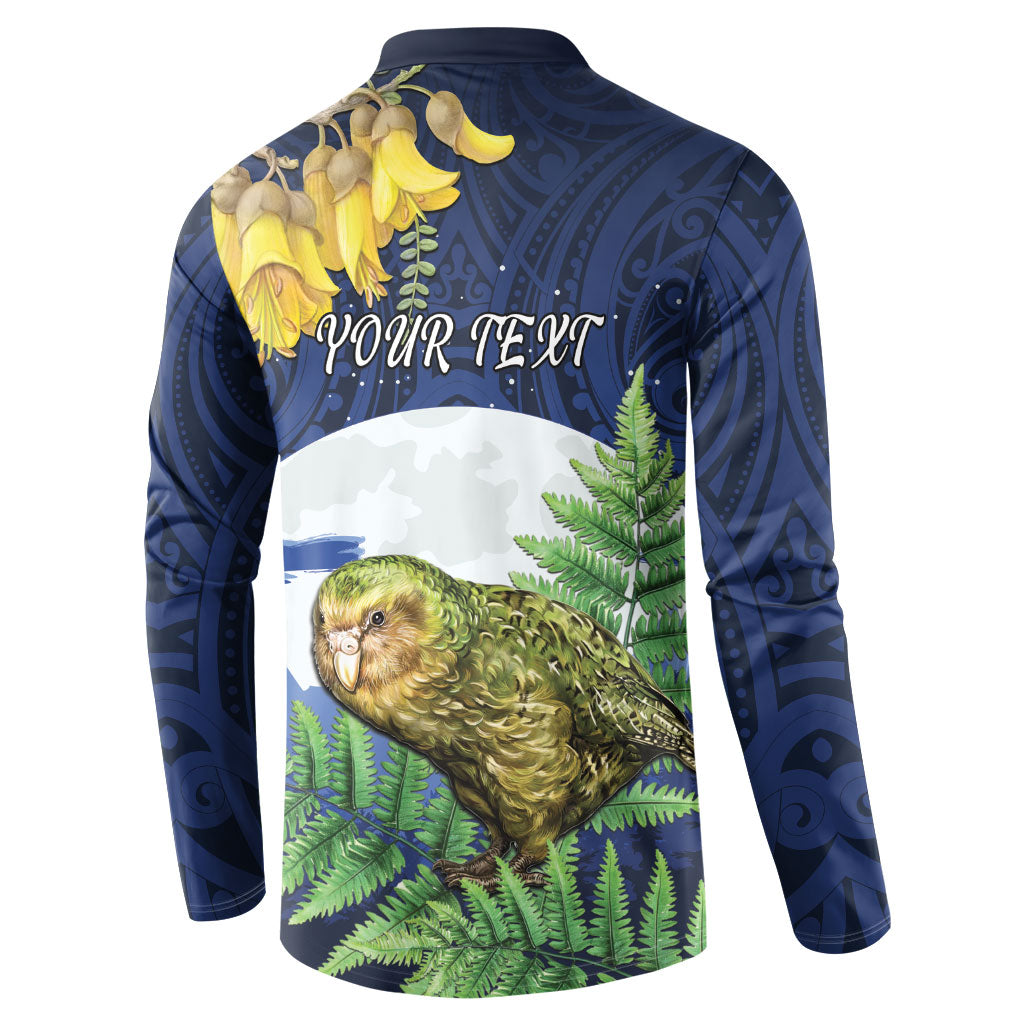Kakapo New Zealand Personalised Button Sweatshirt Kowhai Flower Silver Fern Maori Pattern