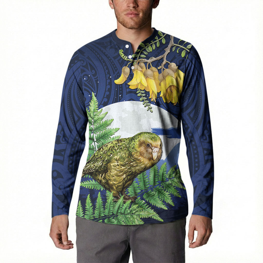 Kakapo New Zealand Personalised Button Sweatshirt Kowhai Flower Silver Fern Maori Pattern