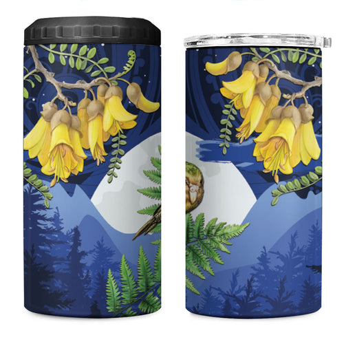 Kakapo New Zealand Personalised 4 in 1 Can Cooler Tumbler Kowhai Flower Silver Fern Maori Pattern