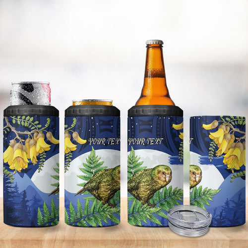 Kakapo New Zealand Personalised 4 in 1 Can Cooler Tumbler Kowhai Flower Silver Fern Maori Pattern