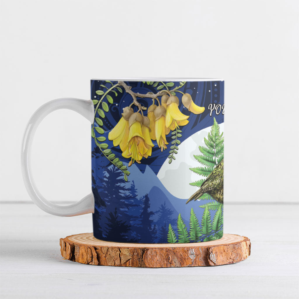 Kakapo New Zealand Personalised Ceramic Mug Kowhai Flower Silver Fern Maori Pattern
