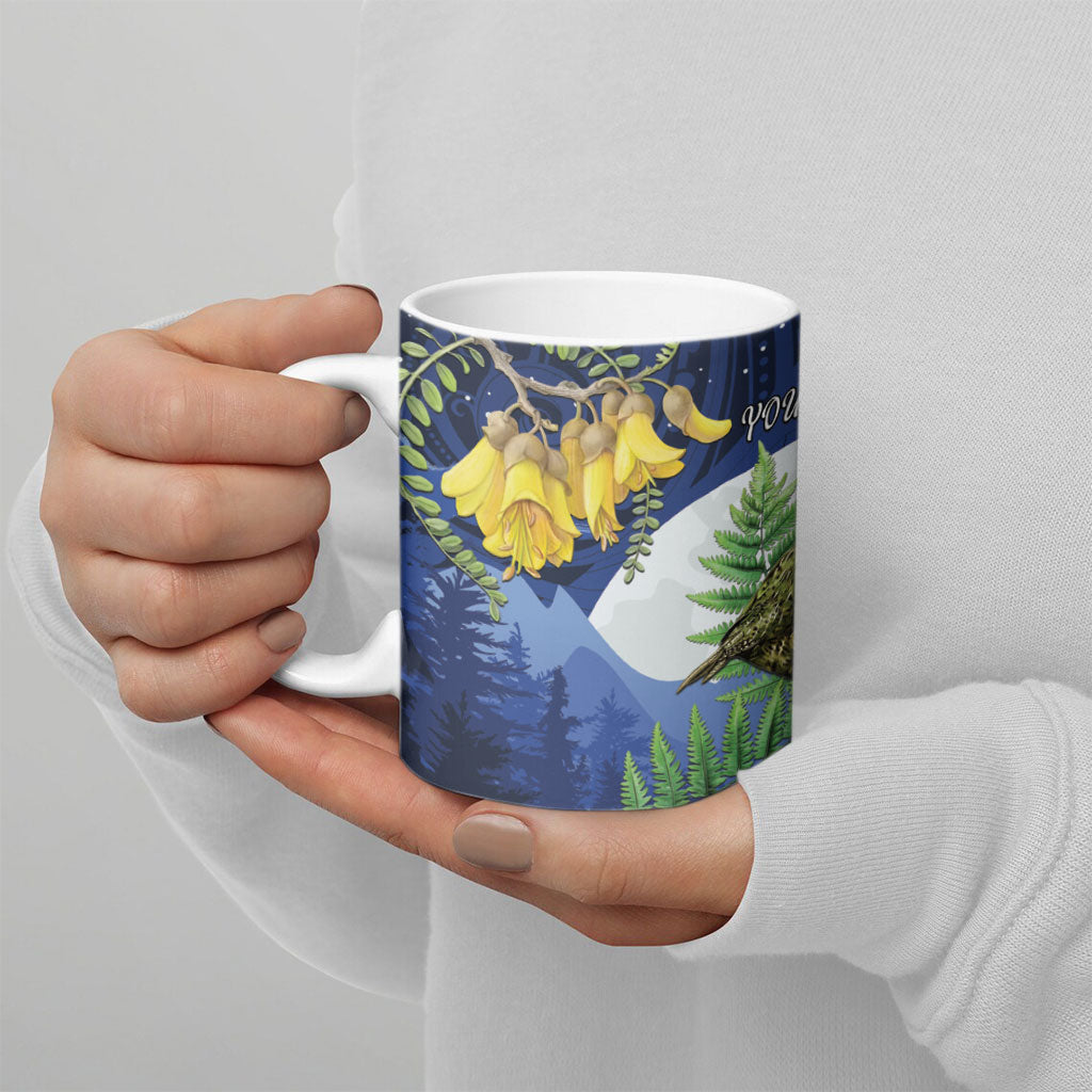 Kakapo New Zealand Personalised Ceramic Mug Kowhai Flower Silver Fern Maori Pattern