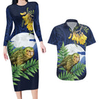 Kakapo New Zealand Personalised Couples Matching Long Sleeve Bodycon Dress and Hawaiian Shirt Kowhai Flower Silver Fern Maori Pattern