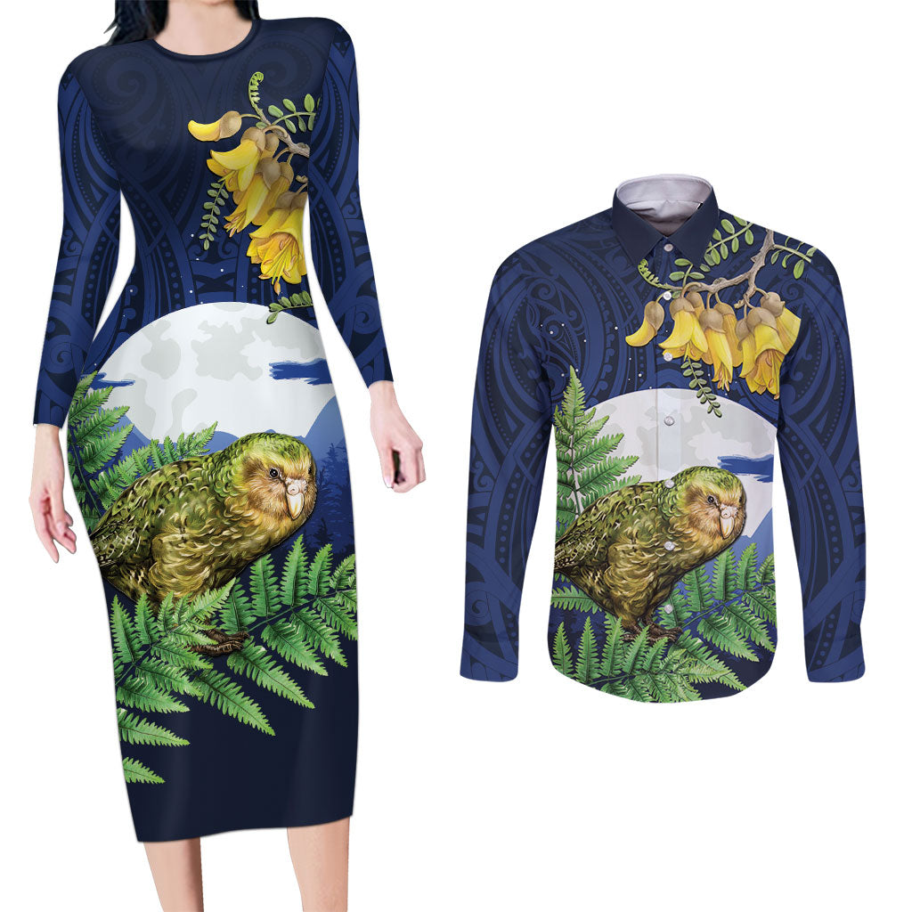 Kakapo New Zealand Personalised Couples Matching Long Sleeve Bodycon Dress and Long Sleeve Button Shirt Kowhai Flower Silver Fern Maori Pattern