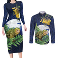 Kakapo New Zealand Personalised Couples Matching Long Sleeve Bodycon Dress and Long Sleeve Button Shirt Kowhai Flower Silver Fern Maori Pattern