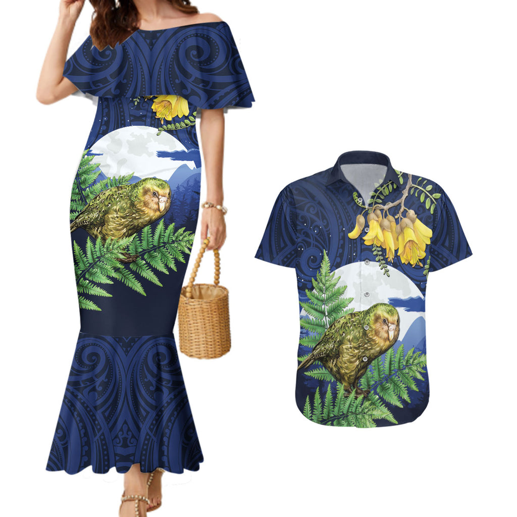 Kakapo New Zealand Personalised Couples Matching Mermaid Dress and Hawaiian Shirt Kowhai Flower Silver Fern Maori Pattern