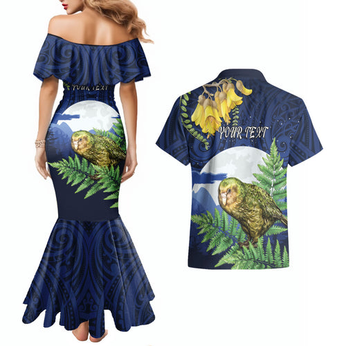 Kakapo New Zealand Personalised Couples Matching Mermaid Dress and Hawaiian Shirt Kowhai Flower Silver Fern Maori Pattern