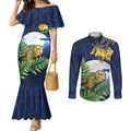 Kakapo New Zealand Personalised Couples Matching Mermaid Dress and Long Sleeve Button Shirt Kowhai Flower Silver Fern Maori Pattern
