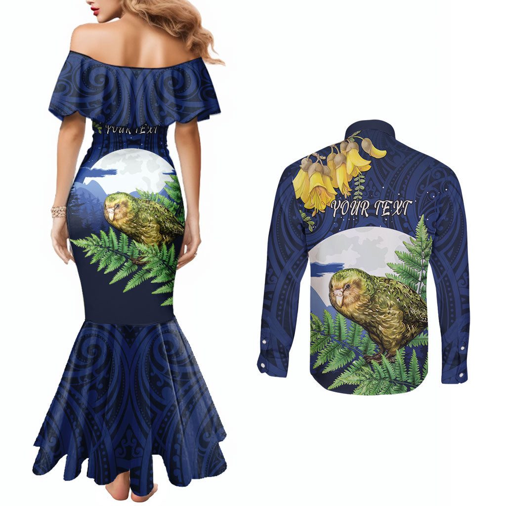 Kakapo New Zealand Personalised Couples Matching Mermaid Dress and Long Sleeve Button Shirt Kowhai Flower Silver Fern Maori Pattern