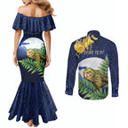 Kakapo New Zealand Personalised Couples Matching Mermaid Dress and Long Sleeve Button Shirt Kowhai Flower Silver Fern Maori Pattern