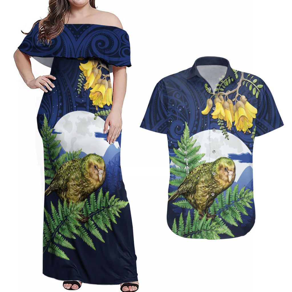 Kakapo New Zealand Personalised Couples Matching Off Shoulder Maxi Dress and Hawaiian Shirt Kowhai Flower Silver Fern Maori Pattern