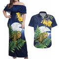 Kakapo New Zealand Personalised Couples Matching Off Shoulder Maxi Dress and Hawaiian Shirt Kowhai Flower Silver Fern Maori Pattern