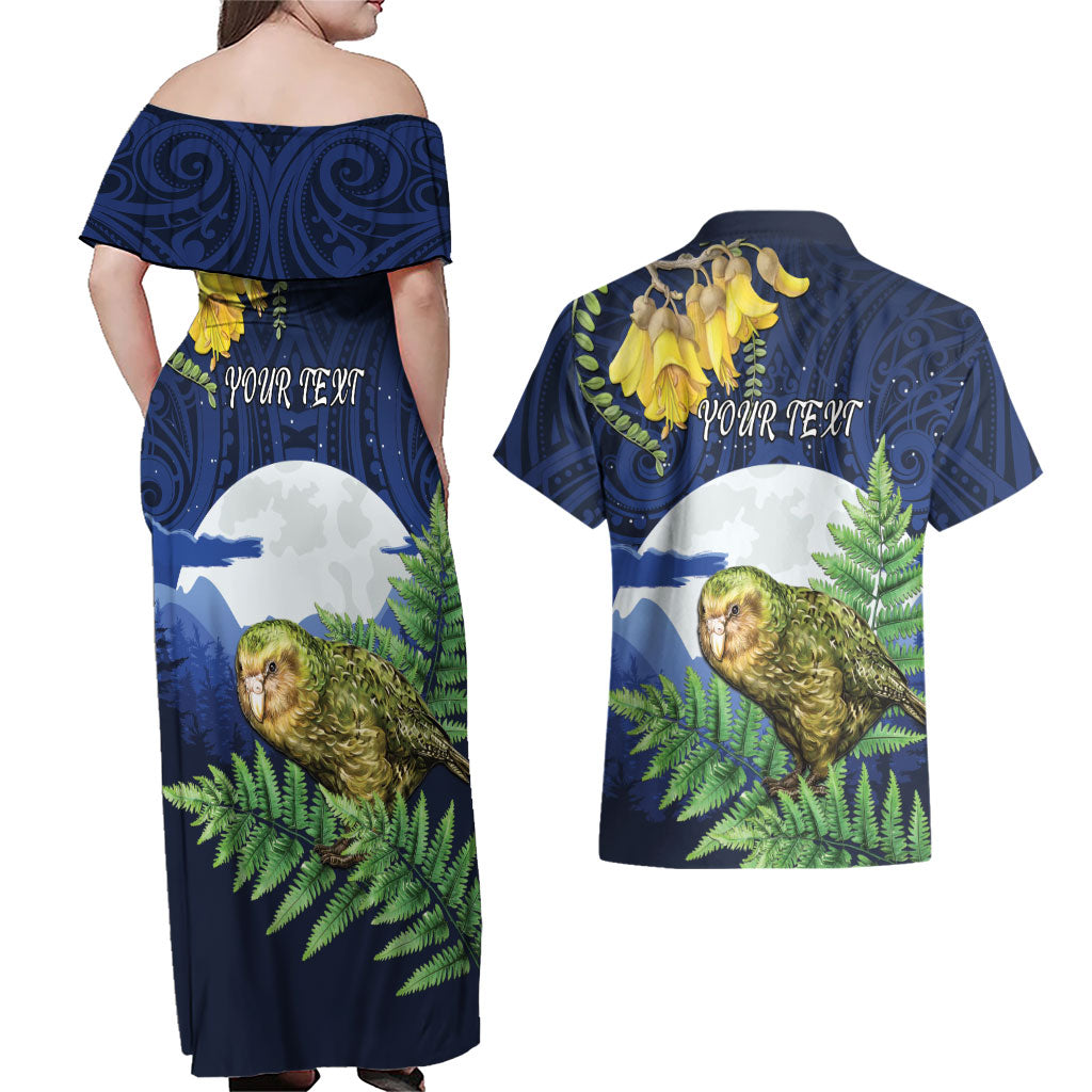 Kakapo New Zealand Personalised Couples Matching Off Shoulder Maxi Dress and Hawaiian Shirt Kowhai Flower Silver Fern Maori Pattern
