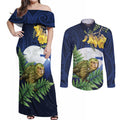 Kakapo New Zealand Personalised Couples Matching Off Shoulder Maxi Dress and Long Sleeve Button Shirt Kowhai Flower Silver Fern Maori Pattern