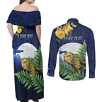 Kakapo New Zealand Personalised Couples Matching Off Shoulder Maxi Dress and Long Sleeve Button Shirt Kowhai Flower Silver Fern Maori Pattern