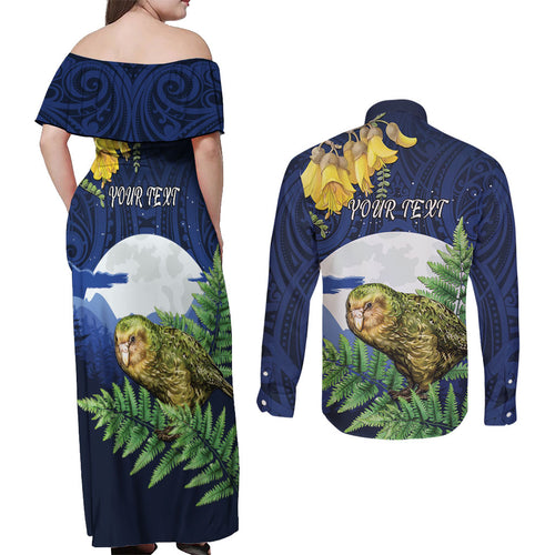 Kakapo New Zealand Personalised Couples Matching Off Shoulder Maxi Dress and Long Sleeve Button Shirt Kowhai Flower Silver Fern Maori Pattern