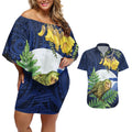 Kakapo New Zealand Personalised Couples Matching Off Shoulder Short Dress and Hawaiian Shirt Kowhai Flower Silver Fern Maori Pattern