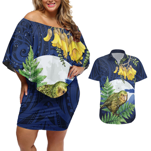 Kakapo New Zealand Personalised Couples Matching Off Shoulder Short Dress and Hawaiian Shirt Kowhai Flower Silver Fern Maori Pattern