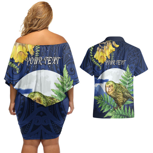 Kakapo New Zealand Personalised Couples Matching Off Shoulder Short Dress and Hawaiian Shirt Kowhai Flower Silver Fern Maori Pattern
