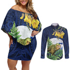 Kakapo New Zealand Personalised Couples Matching Off Shoulder Short Dress and Long Sleeve Button Shirt Kowhai Flower Silver Fern Maori Pattern