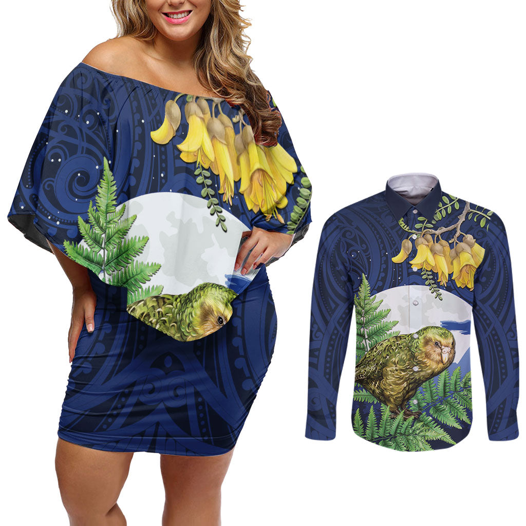 Kakapo New Zealand Personalised Couples Matching Off Shoulder Short Dress and Long Sleeve Button Shirt Kowhai Flower Silver Fern Maori Pattern