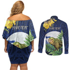 Kakapo New Zealand Personalised Couples Matching Off Shoulder Short Dress and Long Sleeve Button Shirt Kowhai Flower Silver Fern Maori Pattern